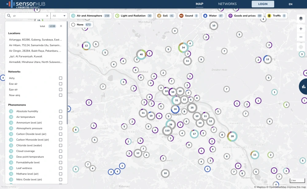 Screenshot von SENSOR•HUB, der die Sensorstandorte in der Stadt Dresden zeigt.