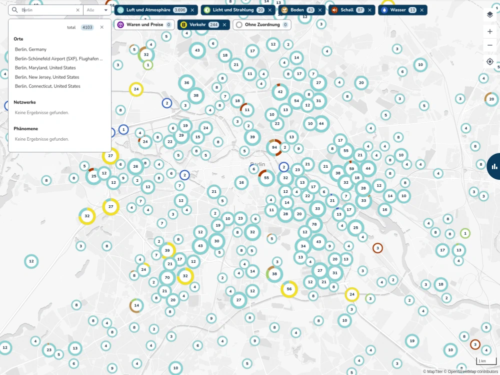 Ansicht des SENSOR•HUB mit Suchergebnissen für Berlin und Ortsnamenssuche.