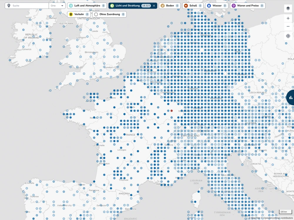 Explorationsansicht des SENSOR•HUB mit Suchergebnissen für Mitteleuropa in der Kategorie - Luft und Strahlung.