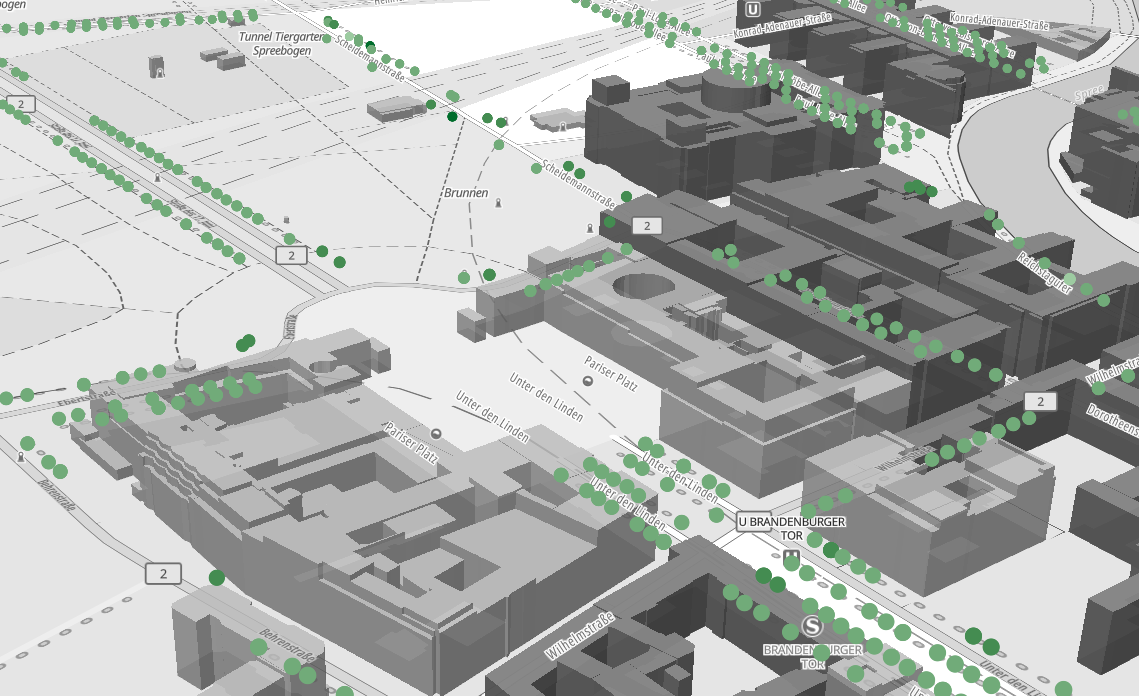 Screenshot der Anwendung BaumCloudViewer, die Daten des Baumkatasters Berlin am Berliner Brandenburger Tor anzeigt.