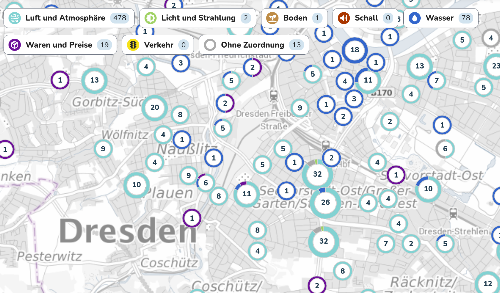 Screenshot aus dem SENSOR•HUB mit Anzeige verschiedener Sensorstandorte in Dresden.