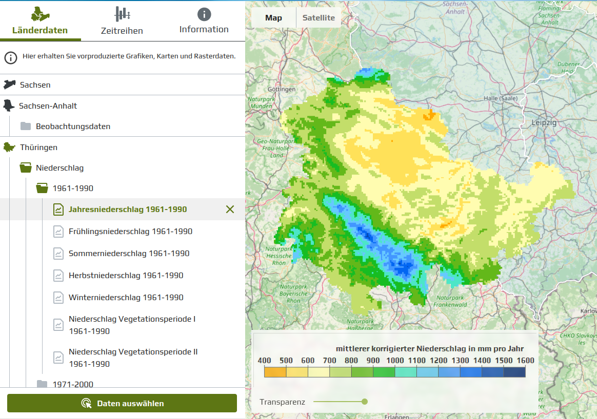 Screenshot der Anwendung ReKIS Expert. Die Abbildung zeigt Niederschlagsdaten von 1961 - 1990 vom Landkreis Thüringen auf einer Karte.