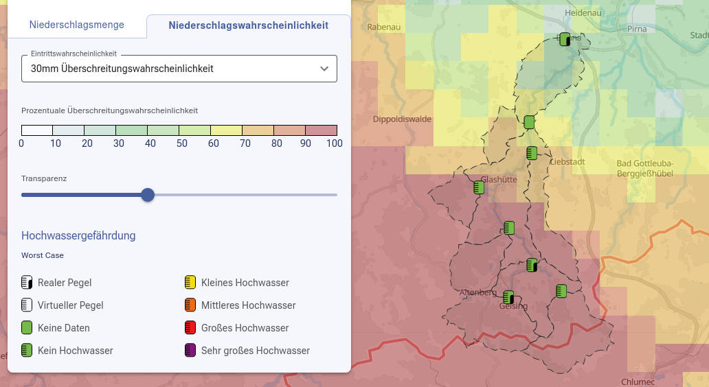 Screenshot der Anwendung HoWa-PRO, die eine Karte mit Niederschlagsrisiken anzeigt.